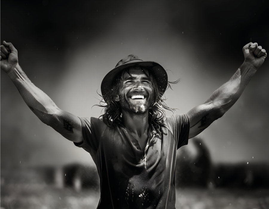 The image of a man cheering because he just won the world record in spraying with his Agrifac Condor Endurance. He is wearing a hat.